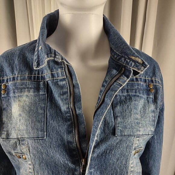 Miss Lili Womens Distressed Customized Cotton Blend Blue Denim Jean Jacket Sz L - Picture 4 of 12